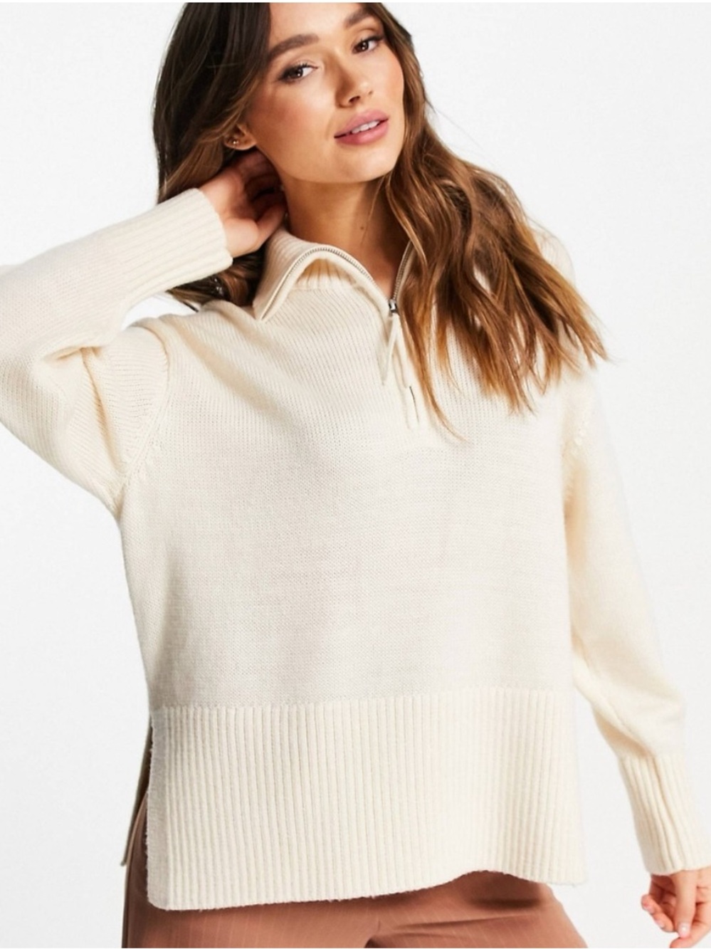 & Other Stories size S 100% wool Cream Knit Half-Zip chunky Sweater